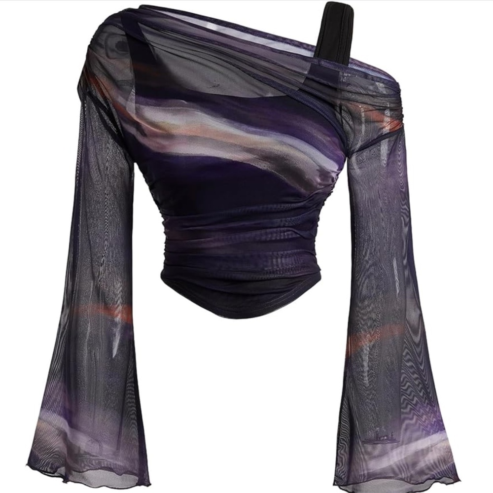 Sheer One-Shoulder Mesh Top – Ruched Crop Top with Bell Sleeves